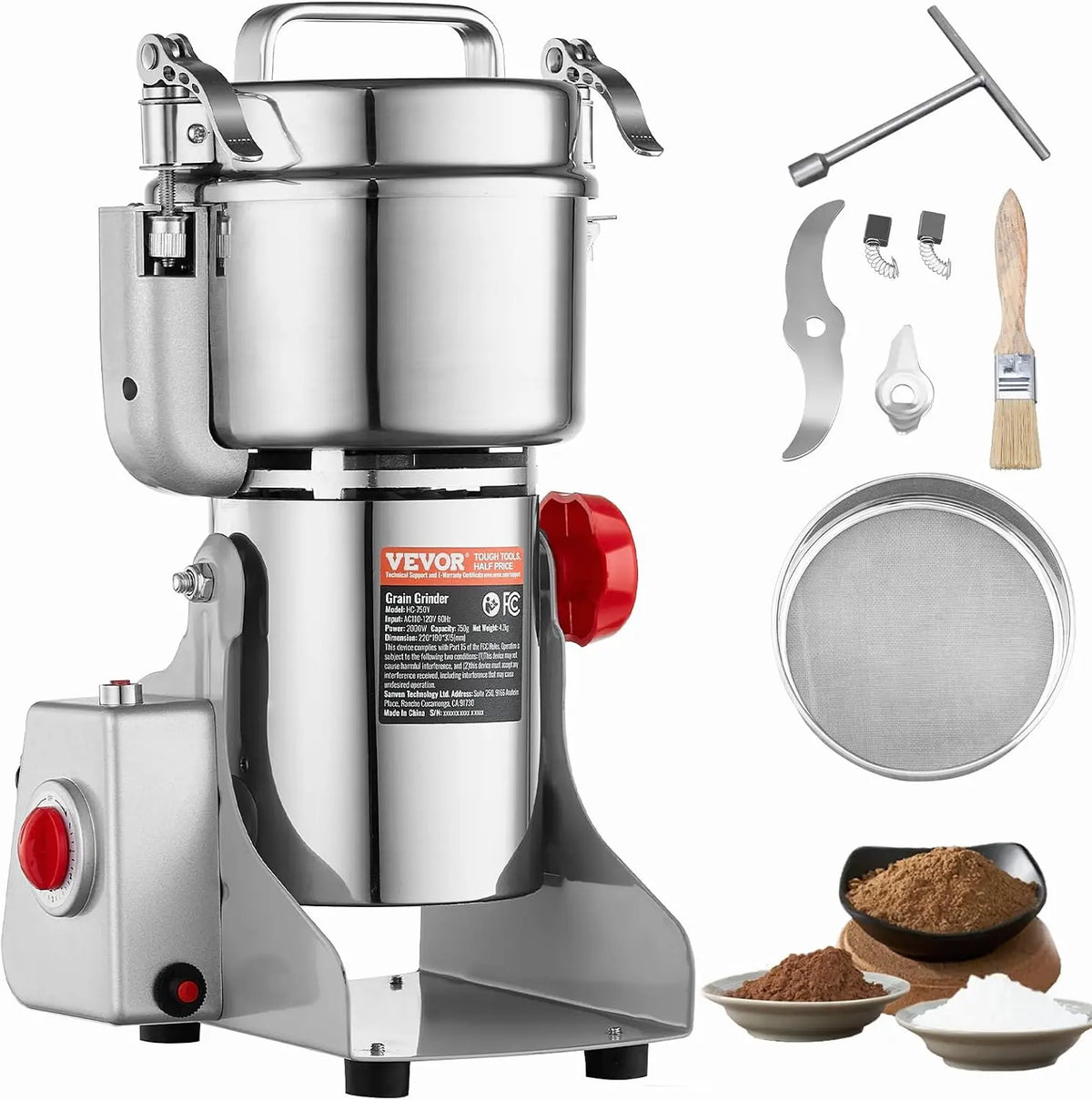 VEVOR moulin alimentaire – électrique, 2000 W, argenté