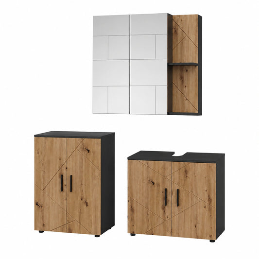 Ensemble de meubles de salle de bain, en chêne, coloris anthracite et doré, pour la salle de bain