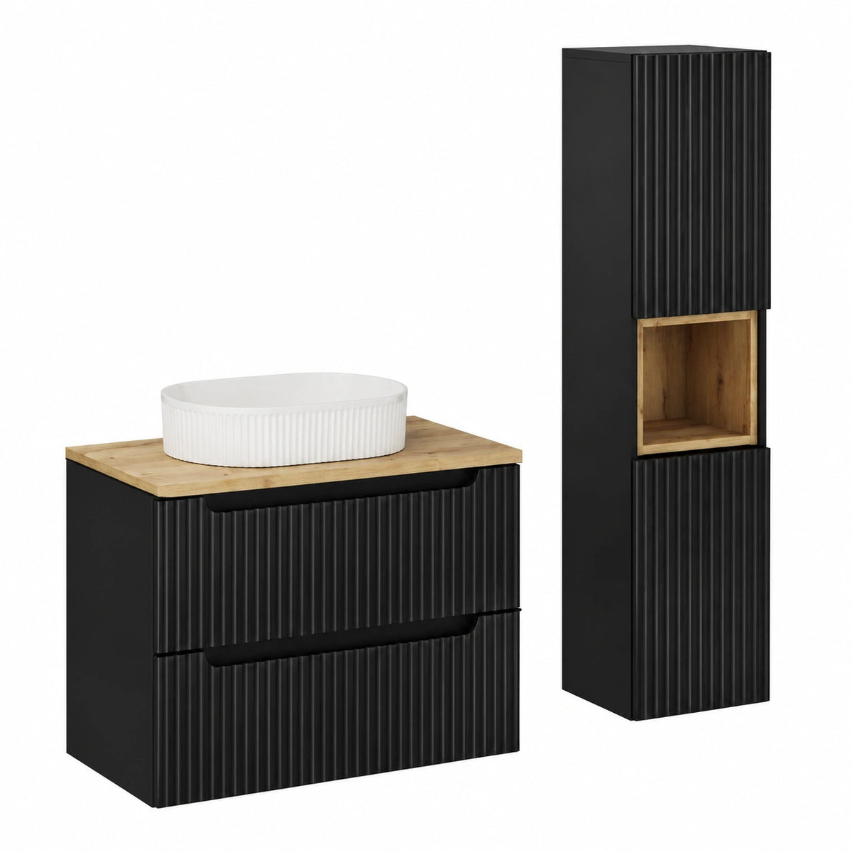 Ensemble de meubles de salle de bain, avec tiroirs, en chêne, coloris noir, pour la salle de bain
