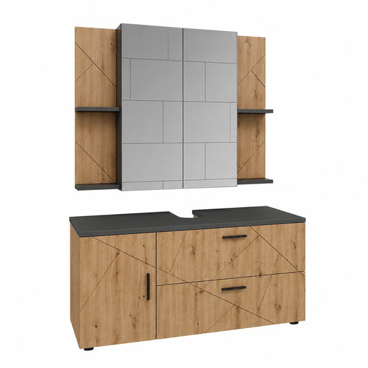 Ensemble de meubles de salle de bain, en chêne, coloris anthracite et doré, pour la salle de bain