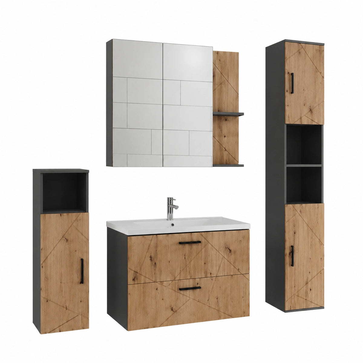 Ensemble de meubles de salle de bain, en chêne, coloris anthracite et doré, pour la salle de bain